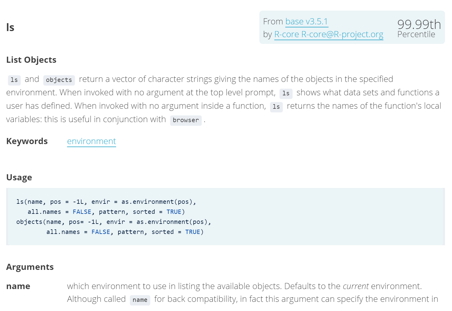 screenshot of r ls list function help page