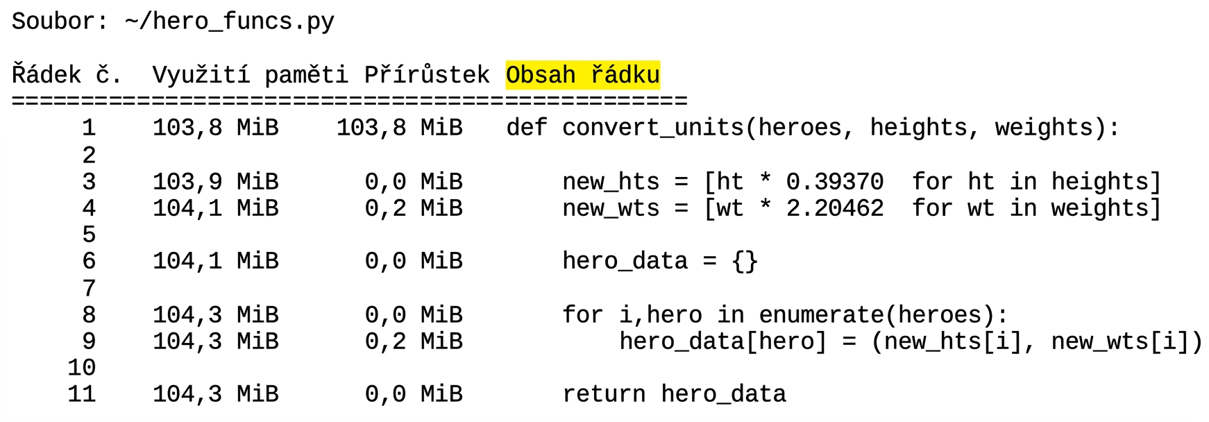 alt="Tabulkový výstup příkazu mprun se statistikami profilování paměti se zvýrazněným sloupcem Line contents"