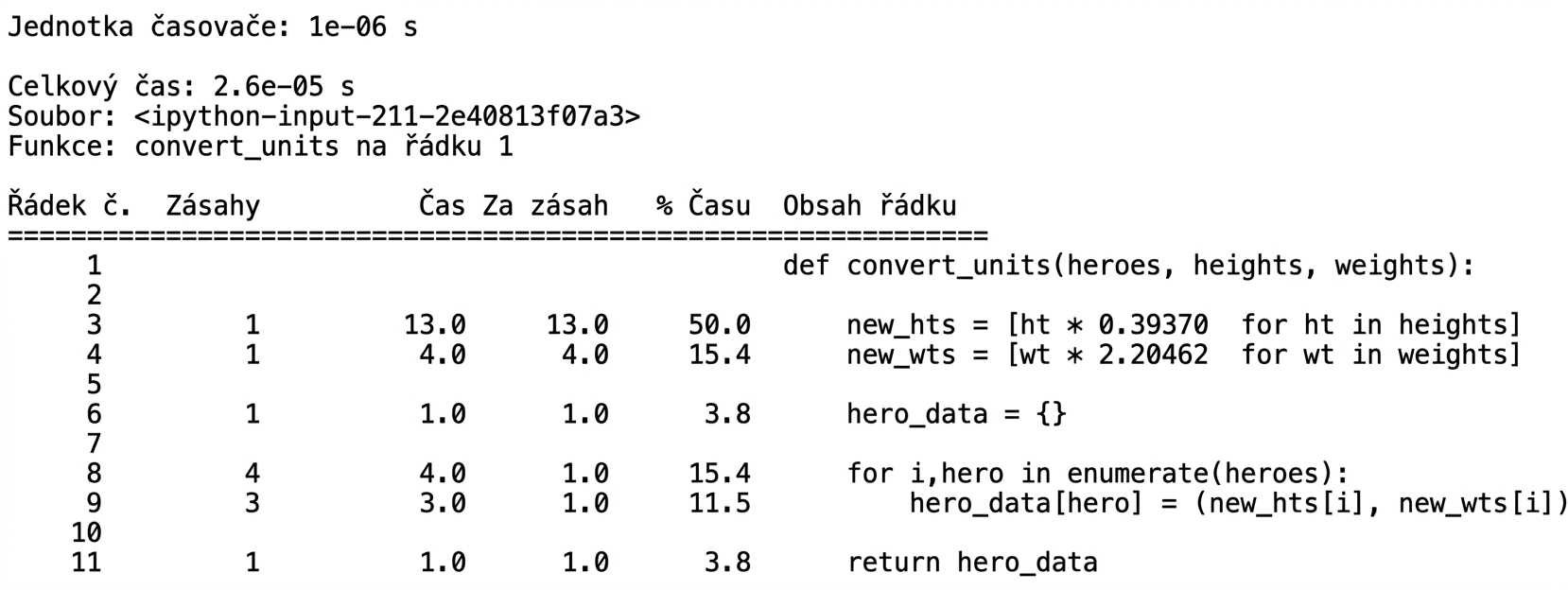 alt="Tabulkový výstup příkazu lprun se souhrnem statistik profilování běhu"