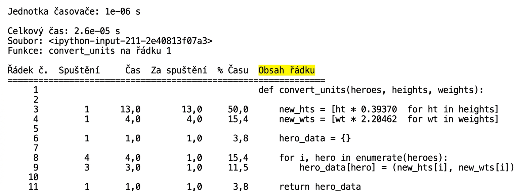 alt="Tabulkový výstup příkazu lprun se souhrnem statistik profilování běhu se zvýrazněným sloupcem Line Contents"