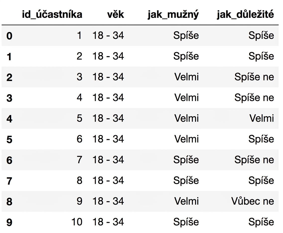 Prvních 10 řádků DataFramu masculinity