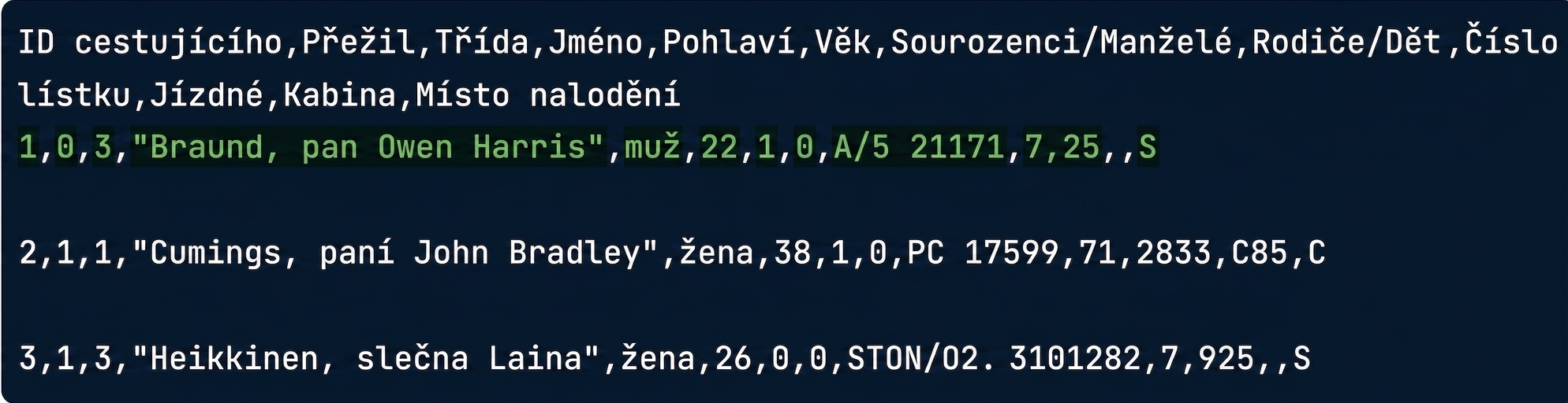 titanic.csv se zvýrazněným řádkem