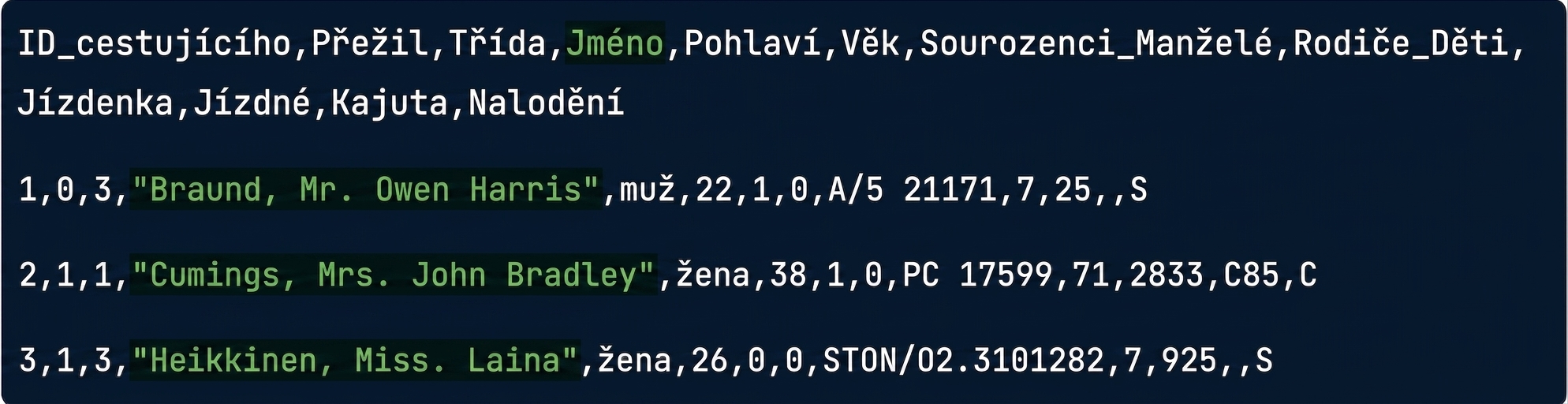 titanic.csv se zvýrazněným sloupcem