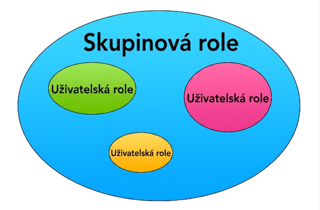 Grafika rolí, kde vnější kruh představuje skupinovou roli a tři vnitřní kruhy uvnitř jsou uživatelské role