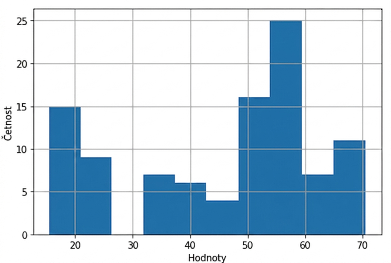 Histogram výšky psů. Nejmenší psi mají méně než 20 cm, největší 70 cm. Nejčastější výška je mezi 50 a 60 cm.