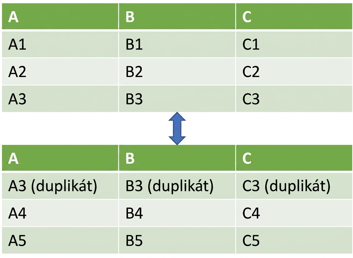 Dva DataFrame spojené vertikálně s duplicitním řádkem ve druhém DataFrame