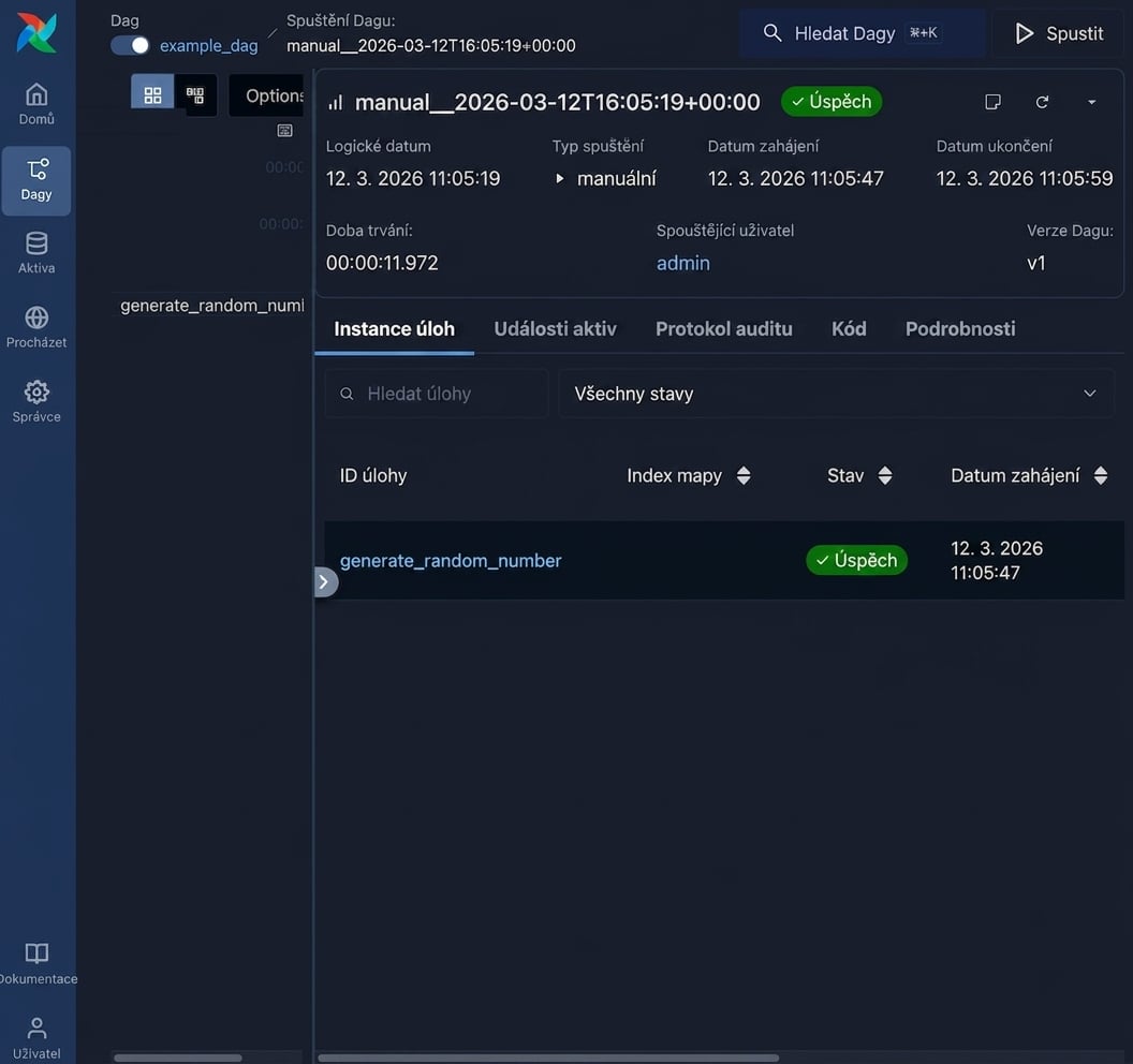 Zobrazení úloh spuštění DAGu v Airflow se seznamem jednotlivých úloh, např. generate_random_number