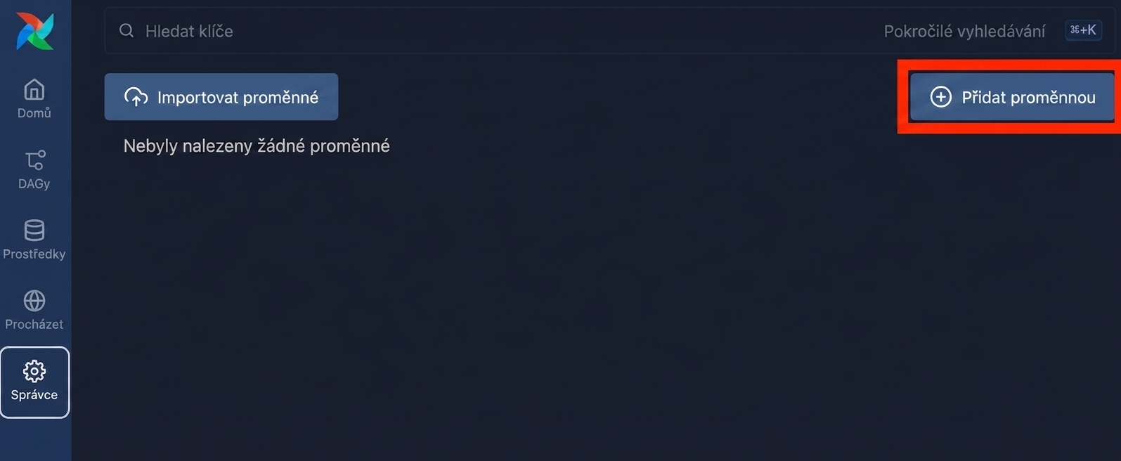 Stránka Airflow Variables se zvýrazněným tlačítkem Přidat proměnnou
