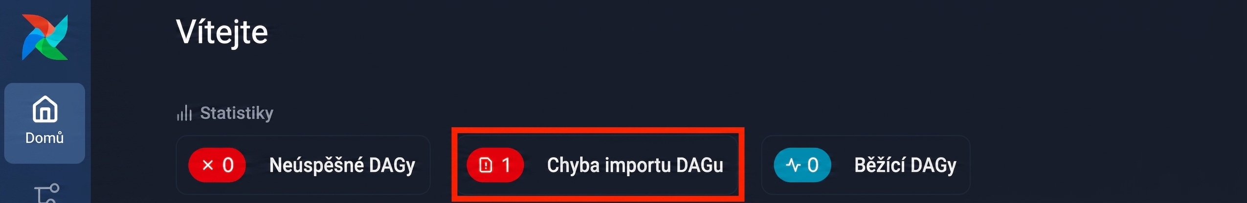 Úvodní stránka Airflow zobrazující upozornění na chybu při importu DAG