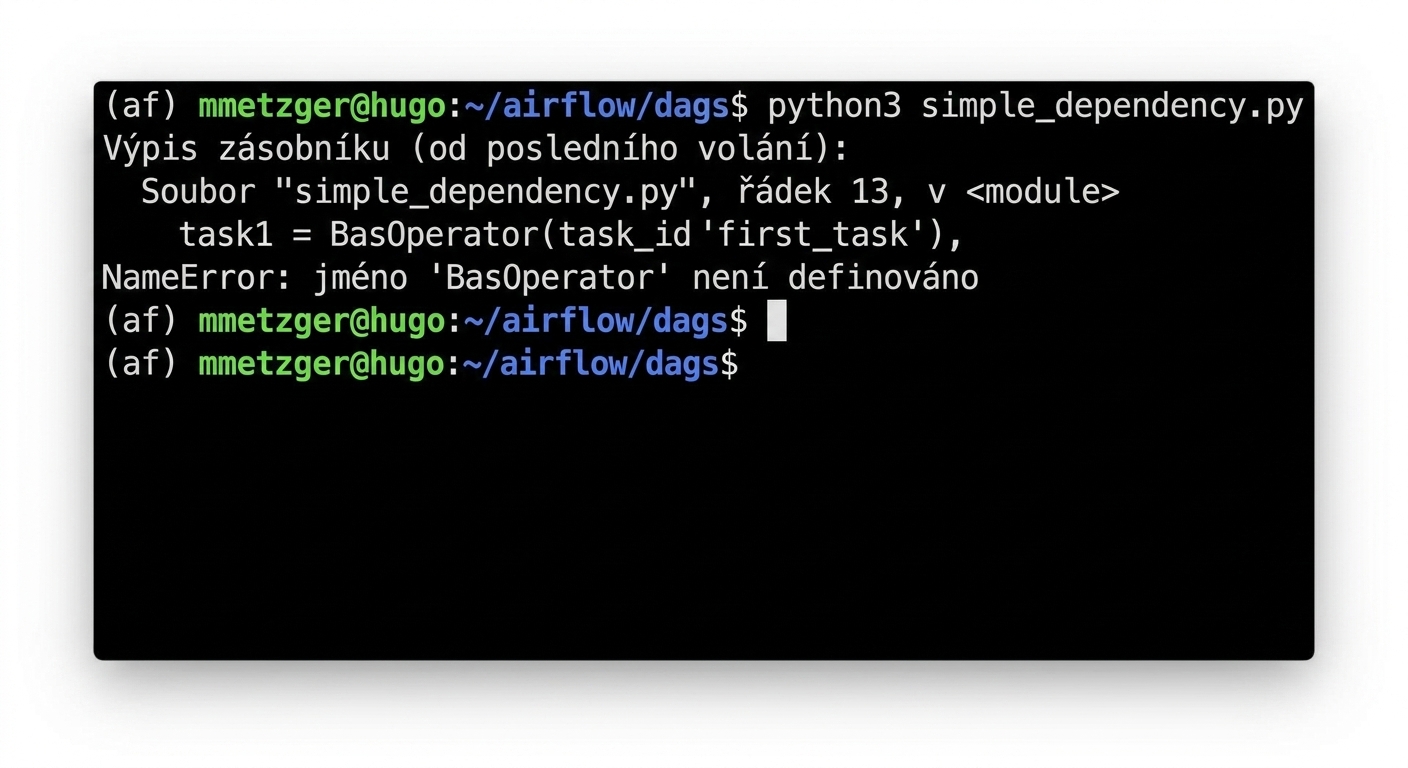 Terminál zobrazující syntaktickou chybu Pythonu při spuštění souboru DAG příkazem python3