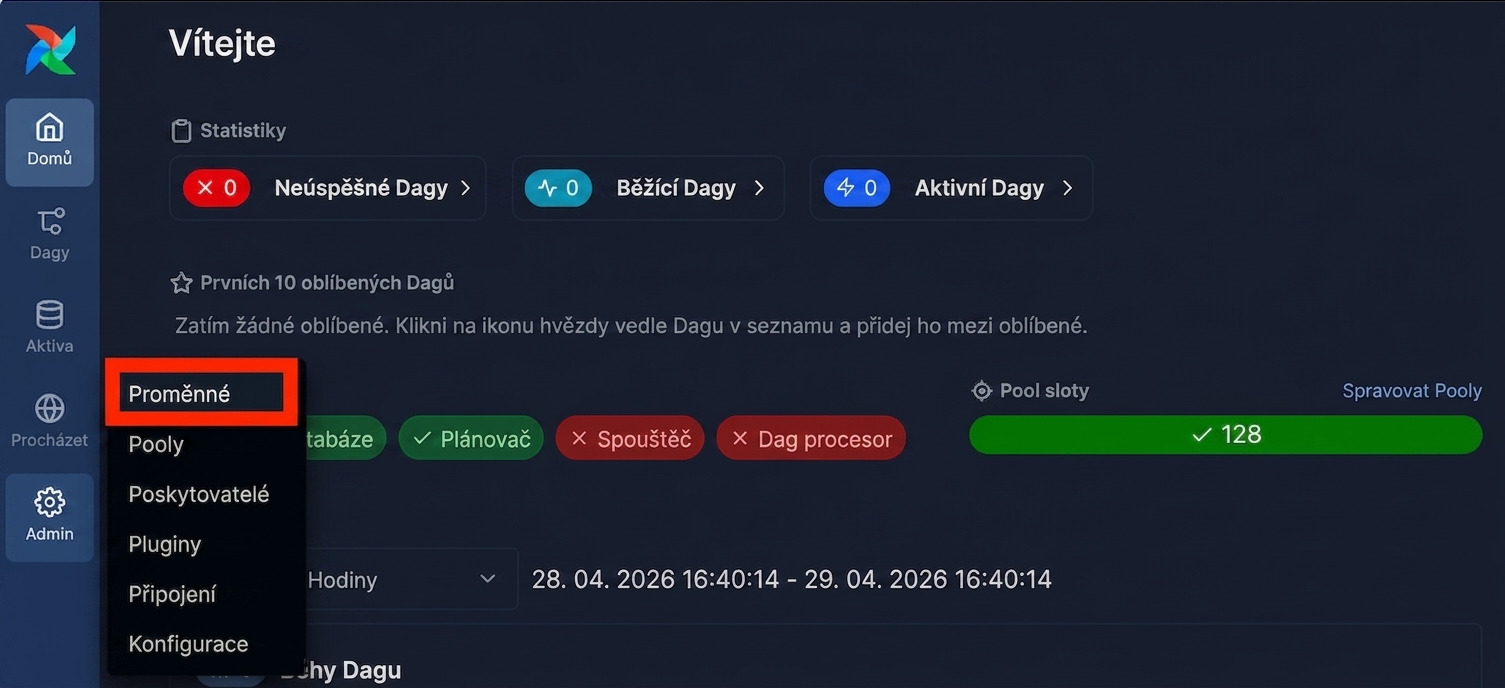 Airflow UI s otevřenou nabídkou Admin zobrazující možnost Variables