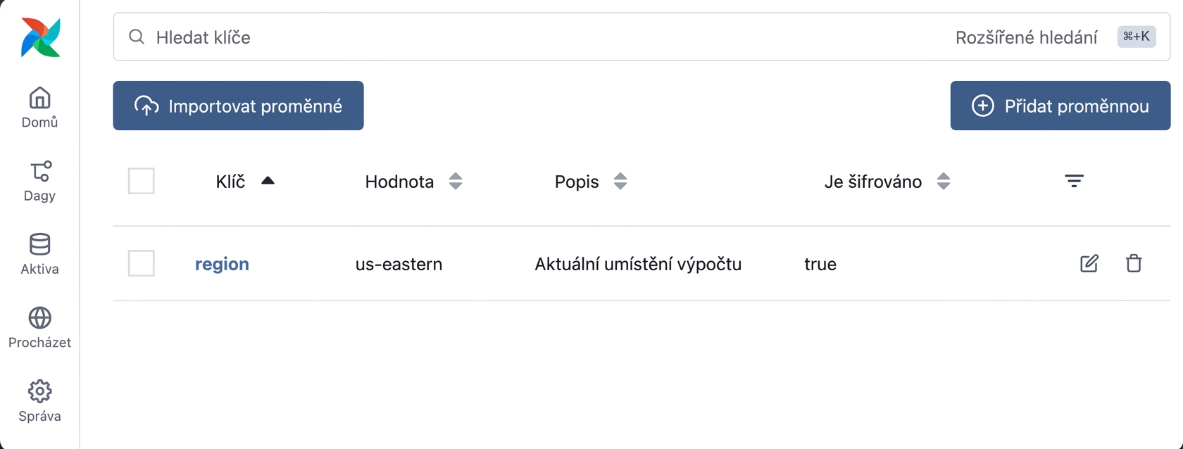 Stránka Airflow Variables zobrazující jednu definovanou proměnnou v seznamu