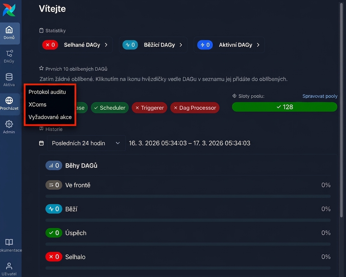 Rozhraní Airflow s otevřeným menu Procházet zobrazující možnost protokolu auditu