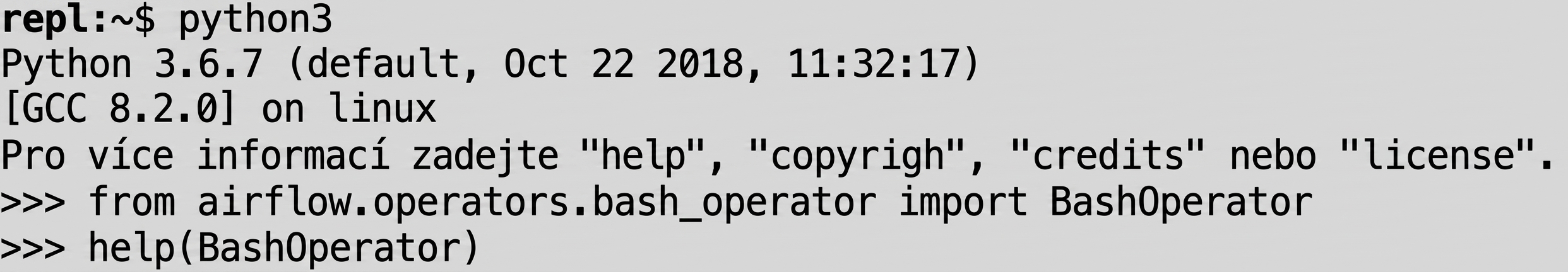 Terminál zobrazující výstup python3 help pro objekt Airflow
