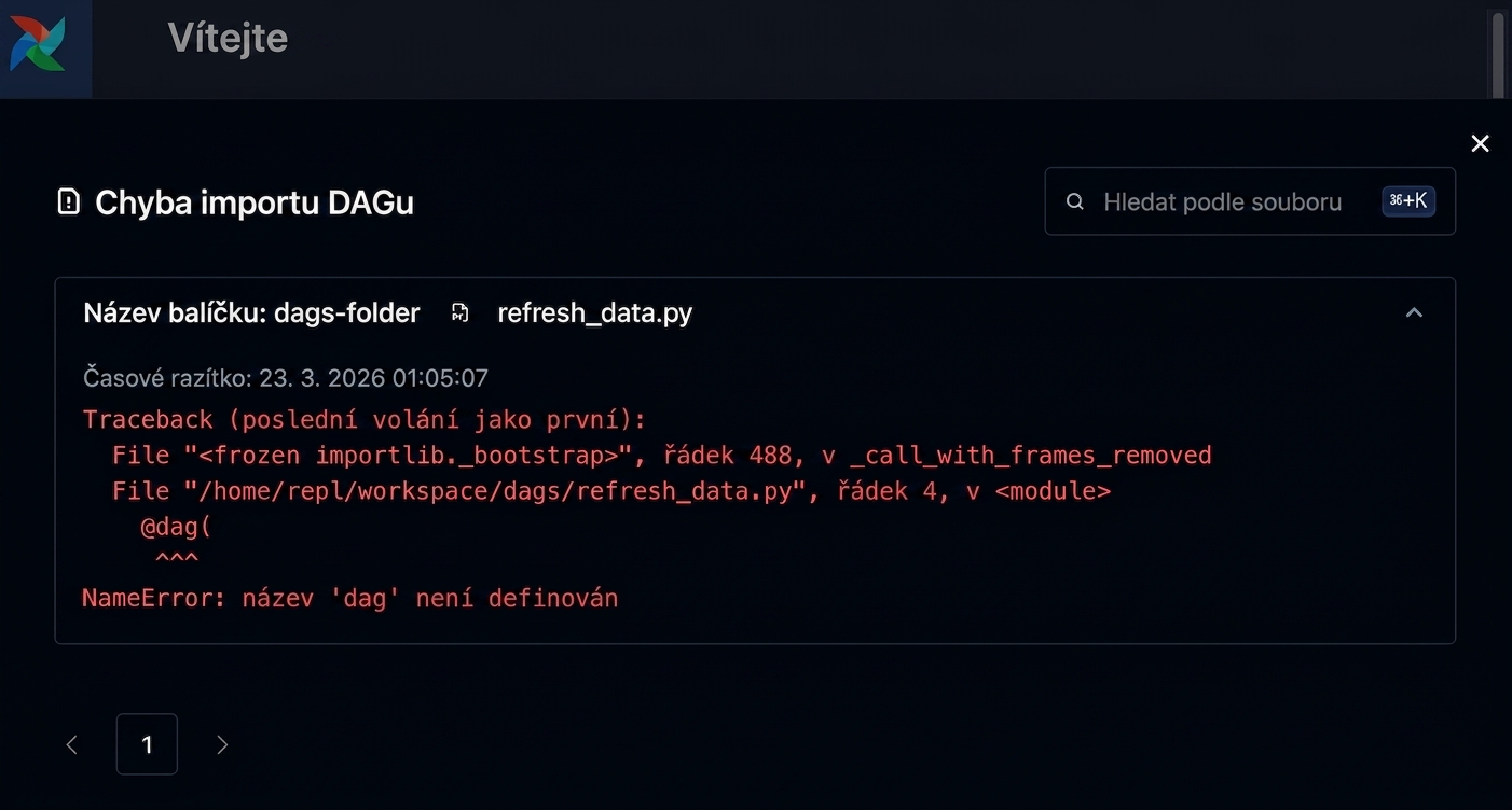 Detail chyby importu zobrazující zprávu traceback DAGu
