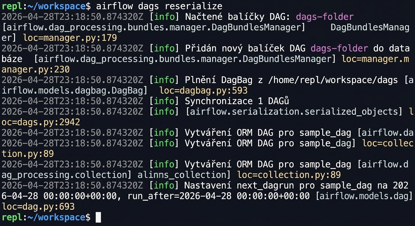 Terminál spouštějící příkaz airflow dags reserialize pro vynucení aktualizace DAG