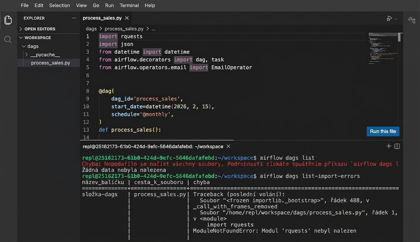 Výstup terminálu příkazu airflow dags list-import-errors zobrazující chybu