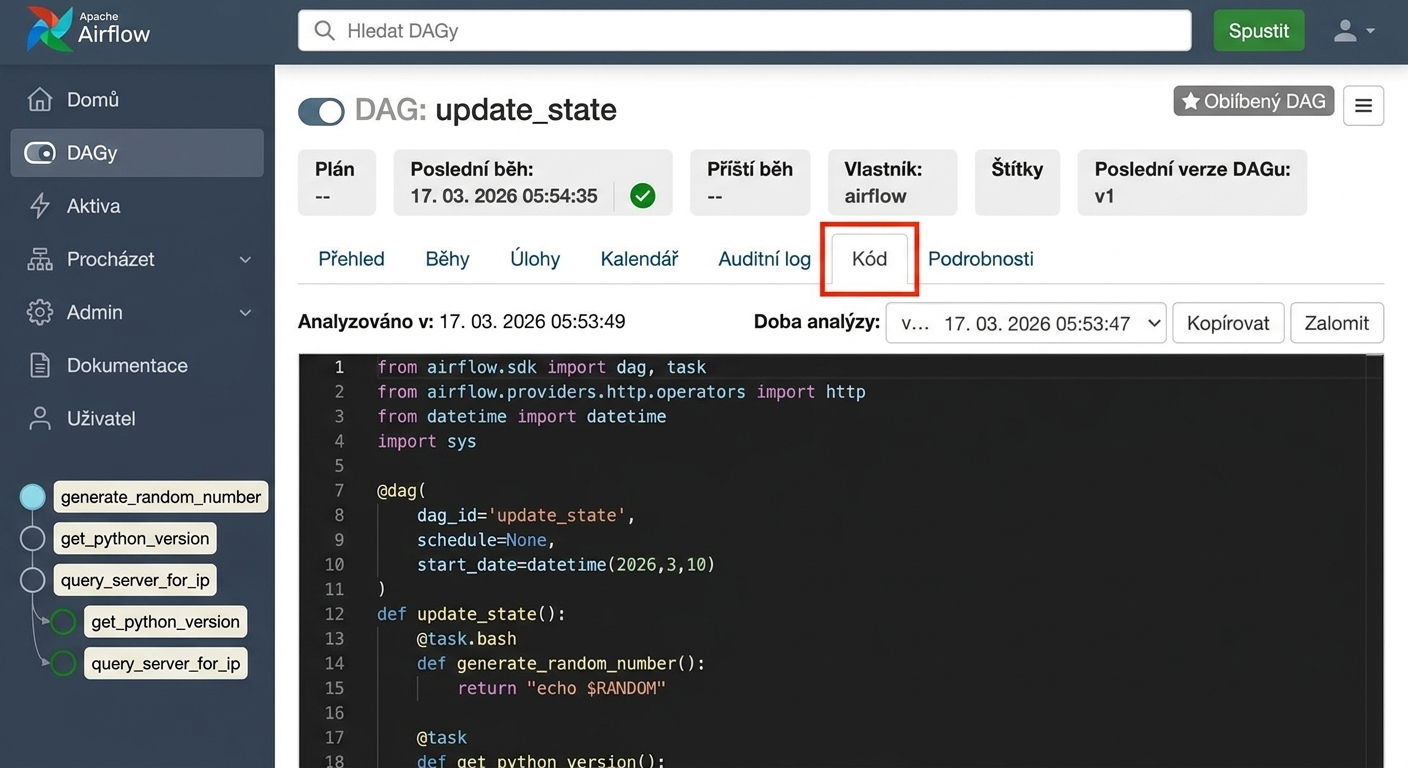 Pohled na kód DAGu zobrazující zdrojový kód Pythonu v režimu pouze pro čtení