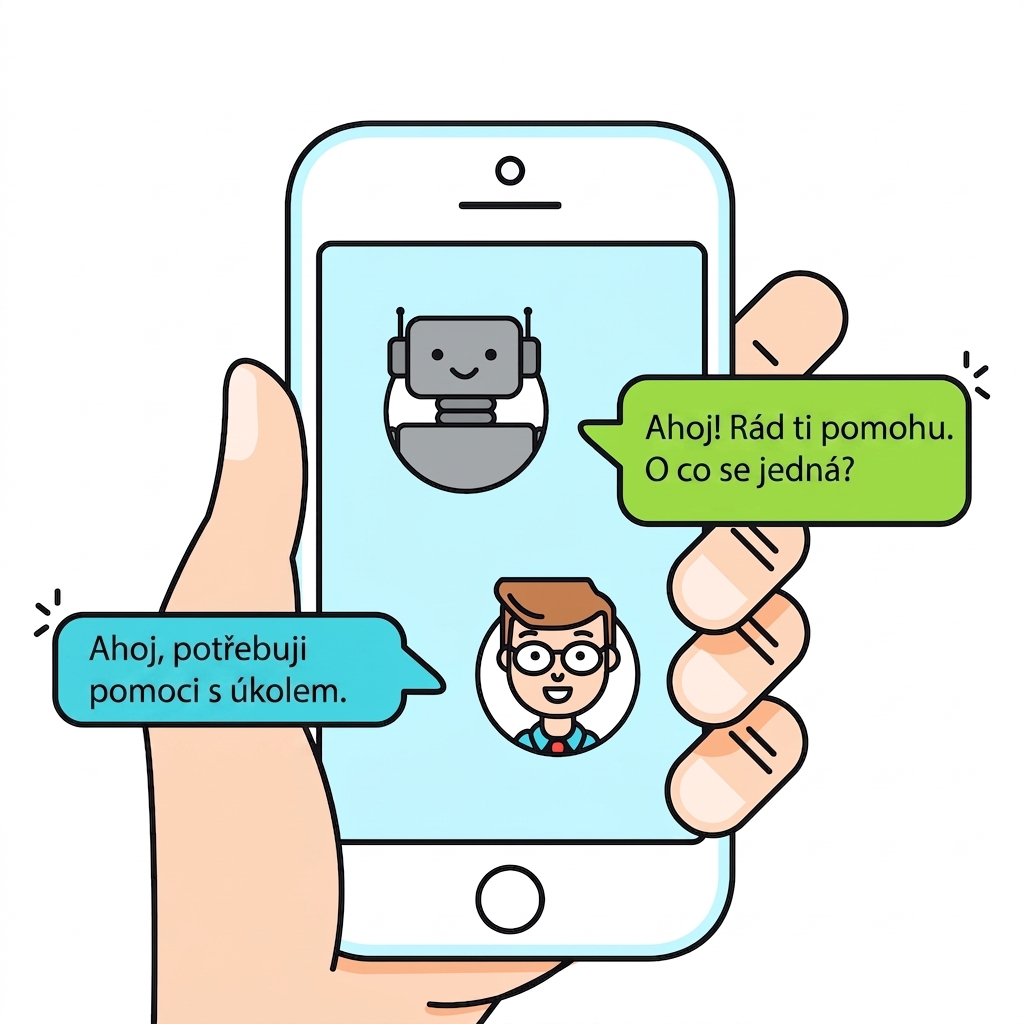 Muž chatující s chatbotem na smartphonu