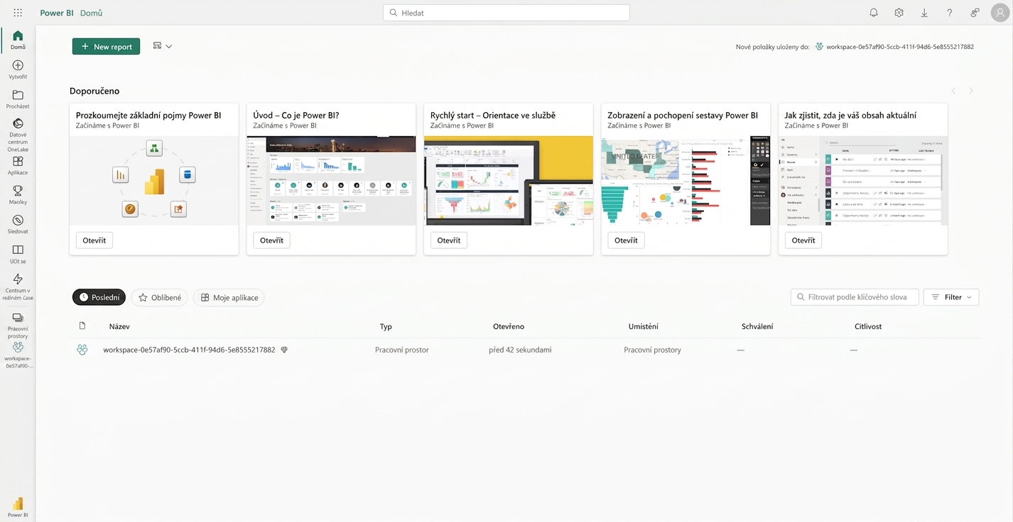 Úvodní stránka po přihlášení do Power BI Service