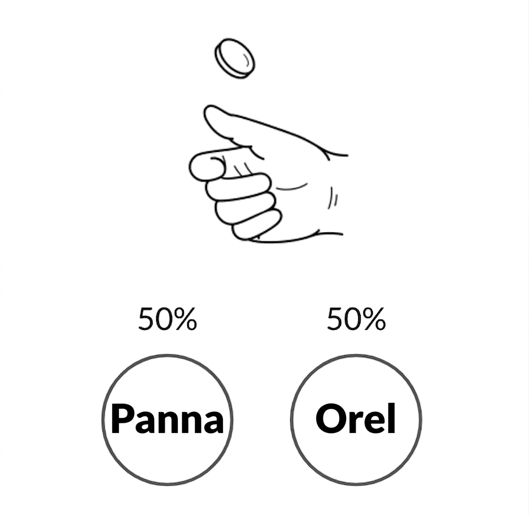 Ruka hází mincí: líc s 50% šancí, rub s 50% šancí