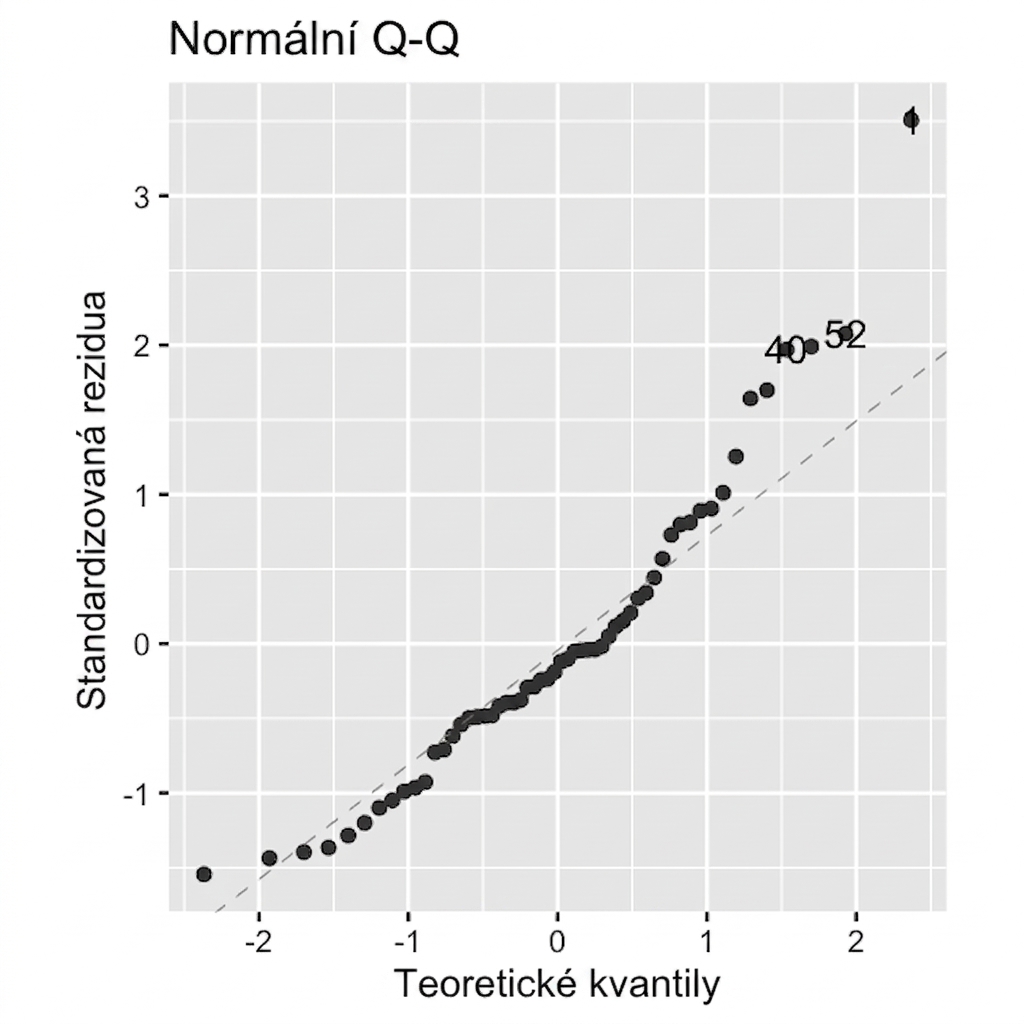 Q-Q graf standardizovaných reziduálů modelu pro okouna vs. teoretické kvantily. Body nepřesně sledují přímku, zejména na pravé straně grafu.
