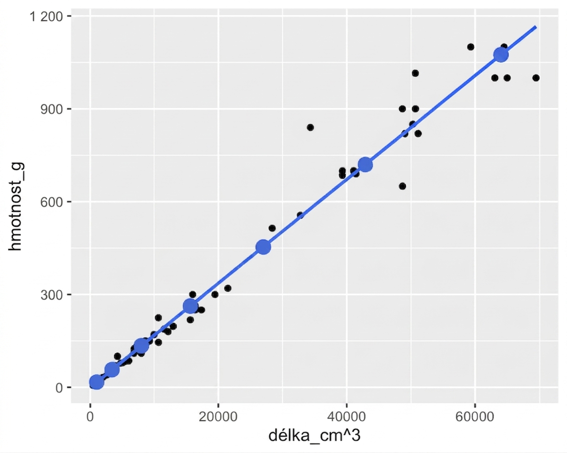 Bodový graf hmotnosti okounů vs. délka na třetí s regresní přímkou a predikovanými body z funkce predict(). Body leží přesně na přímce.