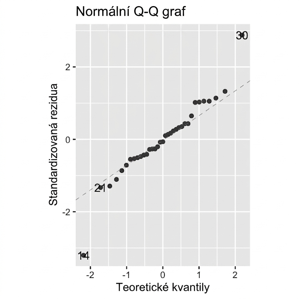Q-Q graf standardizovaných reziduálů modelu pro plotici vs. teoretické kvantily. Body těsně sledují přímku, kromě dvou odlehlých hodnot.
