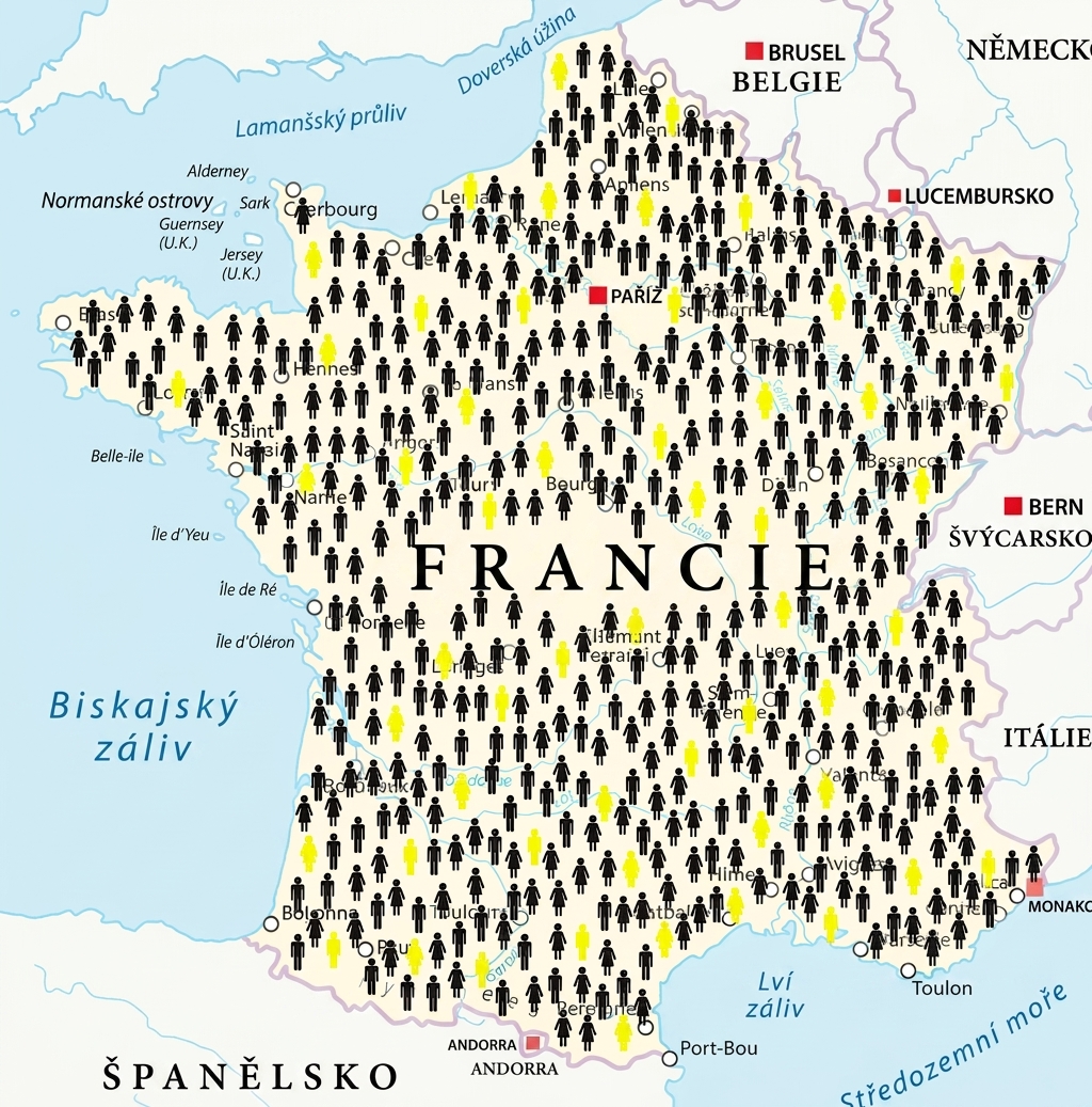 Mapa Francie s ikonami lidí, z nichž některé jsou zvýrazněny.