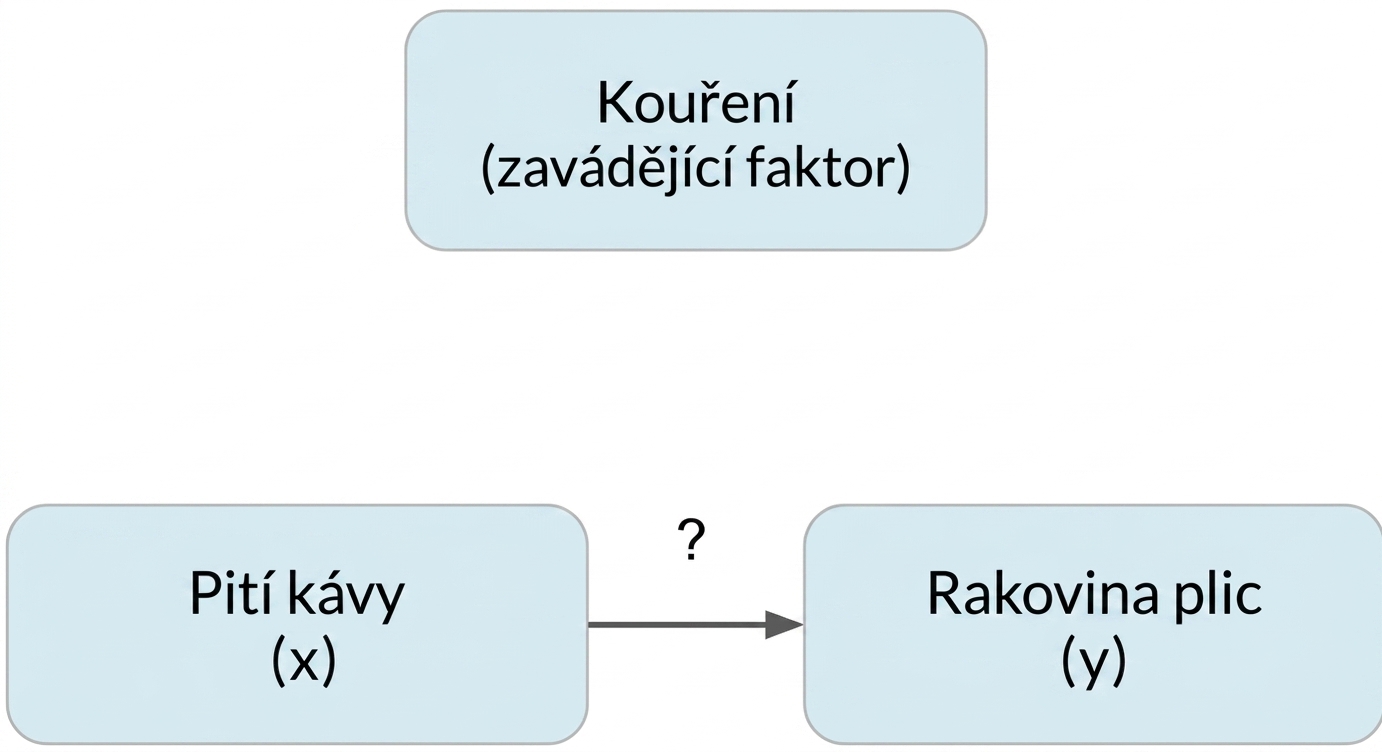 Pití kávy (x) ukazuje na rakovinu plic (y) s kouřením (konfundující proměnná) nahoře