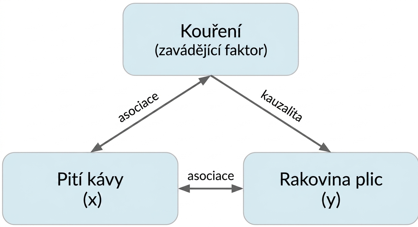 Pití kávy (x) s obousměrnou šipkou na rakovinu plic (y) označenou „asociace". Obousměrná šipka mezi kouřením a pitím kávy označená „asociace". Šipka z kouření na rakovinu plic označená „příčinnost".