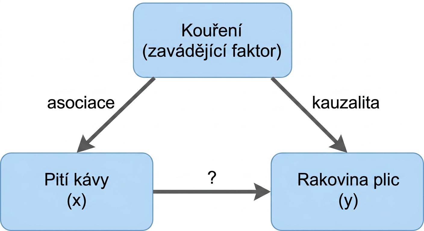 Pití kávy (x) ukazuje na rakovinu plic (y) s kouřením (konfundující proměnná). Obousměrná šipka mezi kouřením a pitím kávy označená „asociace". Šipka z kouření na rakovinu plic označená „příčinnost"