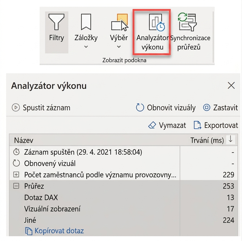 Snímky analyzátoru výkonu v Power BI