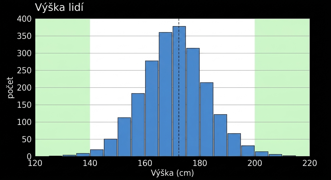 Histogram výšek osob s hodnotami výšky na ose x a počtem pozorování na ose y. Zeleně jsou označeny krajní oblasti grafu zvýrazňující možné odlehlé hodnoty.