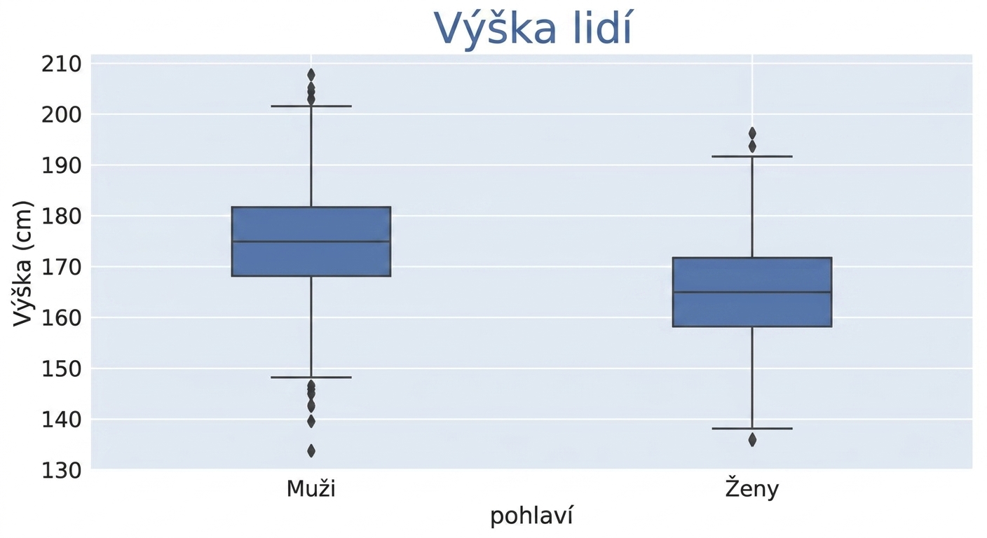 Dva krabicové grafy – jeden pro muže a jeden pro ženy – zobrazující rozdělení výšek v každé skupině. Oba mají stejnou velikost, ale krabicový graf pro „muže" je výše na ose y.
