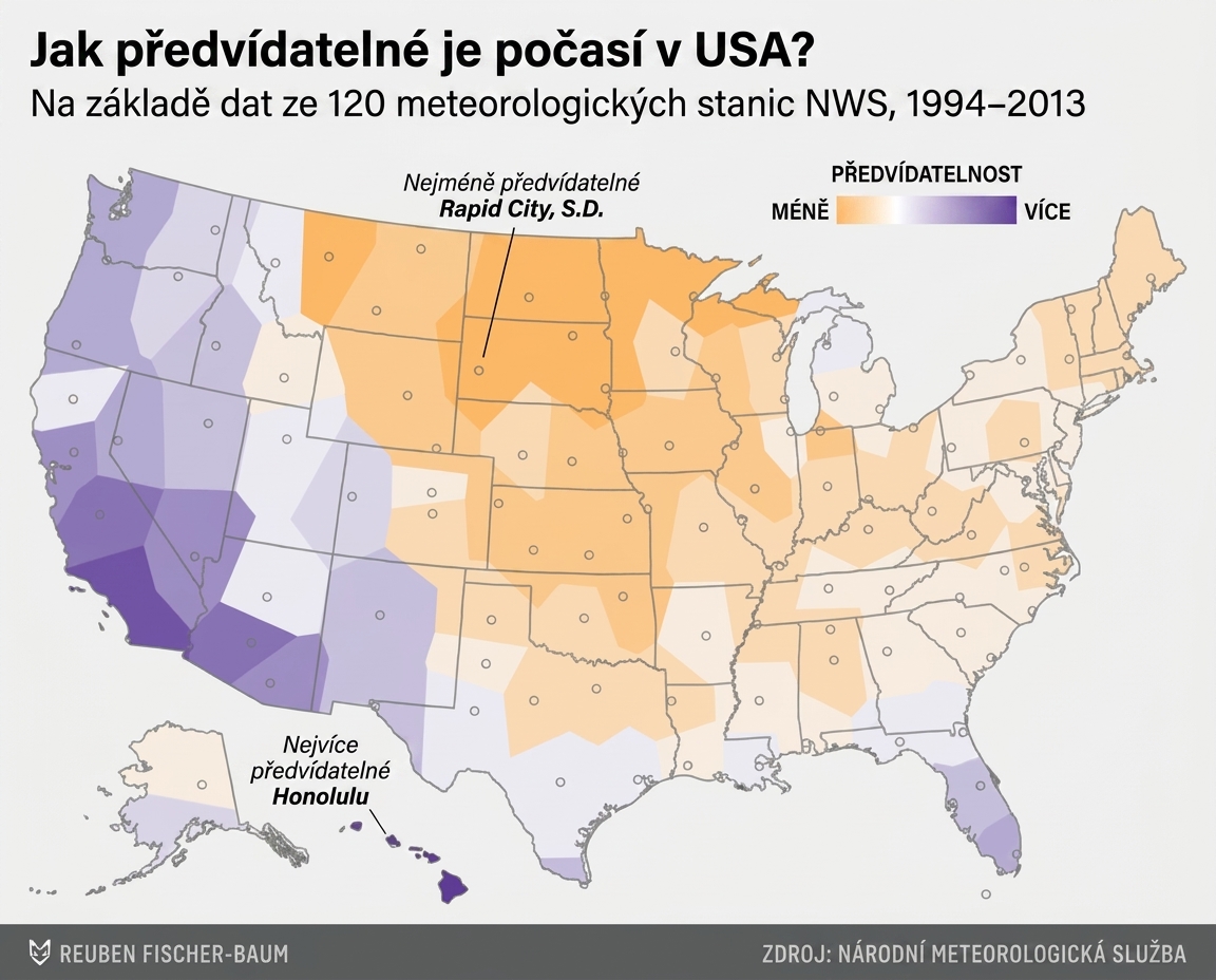 Mapa počasí s barevným vyznačením předvídatelnosti jednotlivých oblastí.