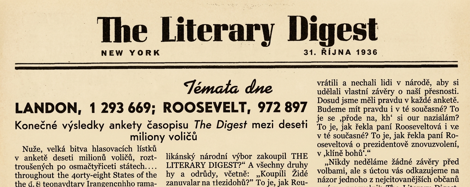 Titulní strana časopisu Literary Digest z roku 1936 s předpovědí voleb. Landon měl získat 1,3 milionu hlasů, Roosevelt necelý milion.