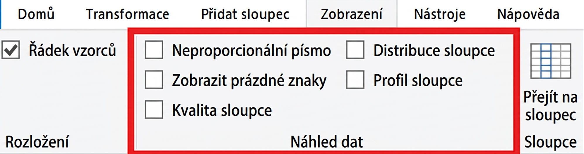 Snímek obrazovky Power Query s vybraným pásem karet Zobrazení a zvýrazněnými funkcemi náhledu dat