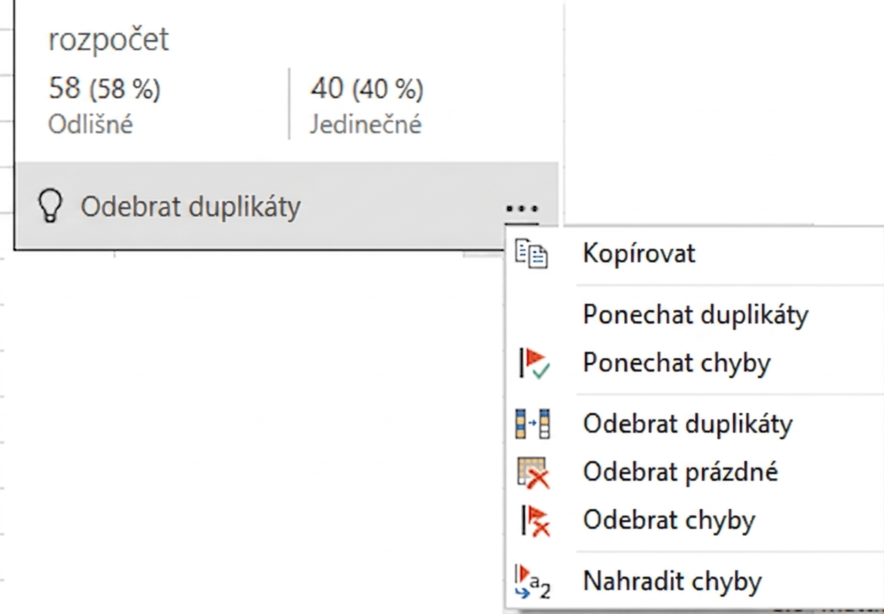 Snímek obrazovky kontextového menu zobrazeného po najetí myší na funkci kvality sloupce