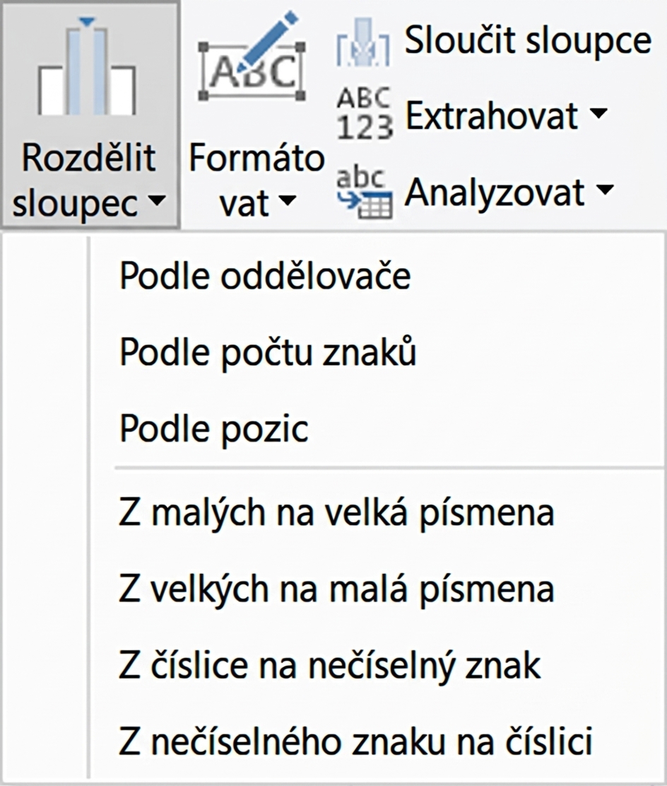 Snímek obrazovky Power Query zobrazující transformaci Rozdělit sloupec a její možnosti