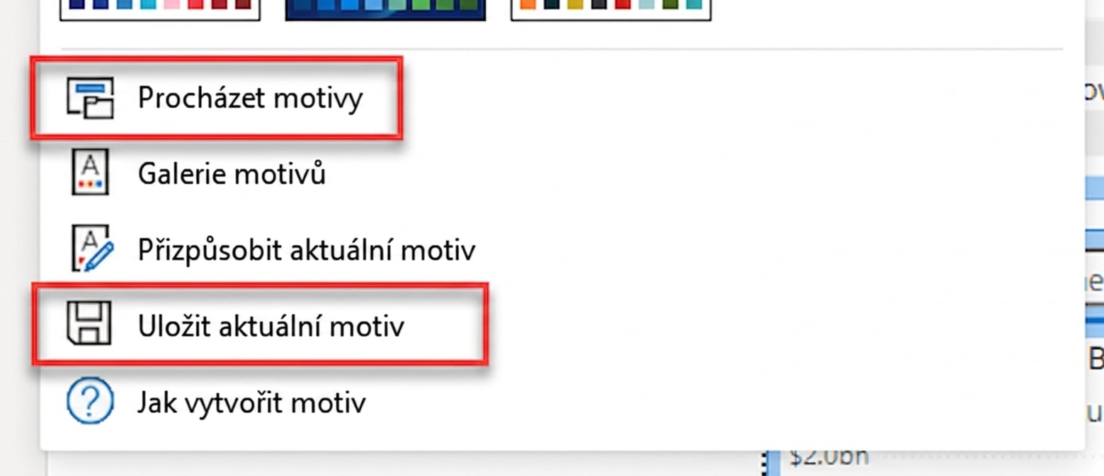 Možnosti importu a exportu vlastních motivů.