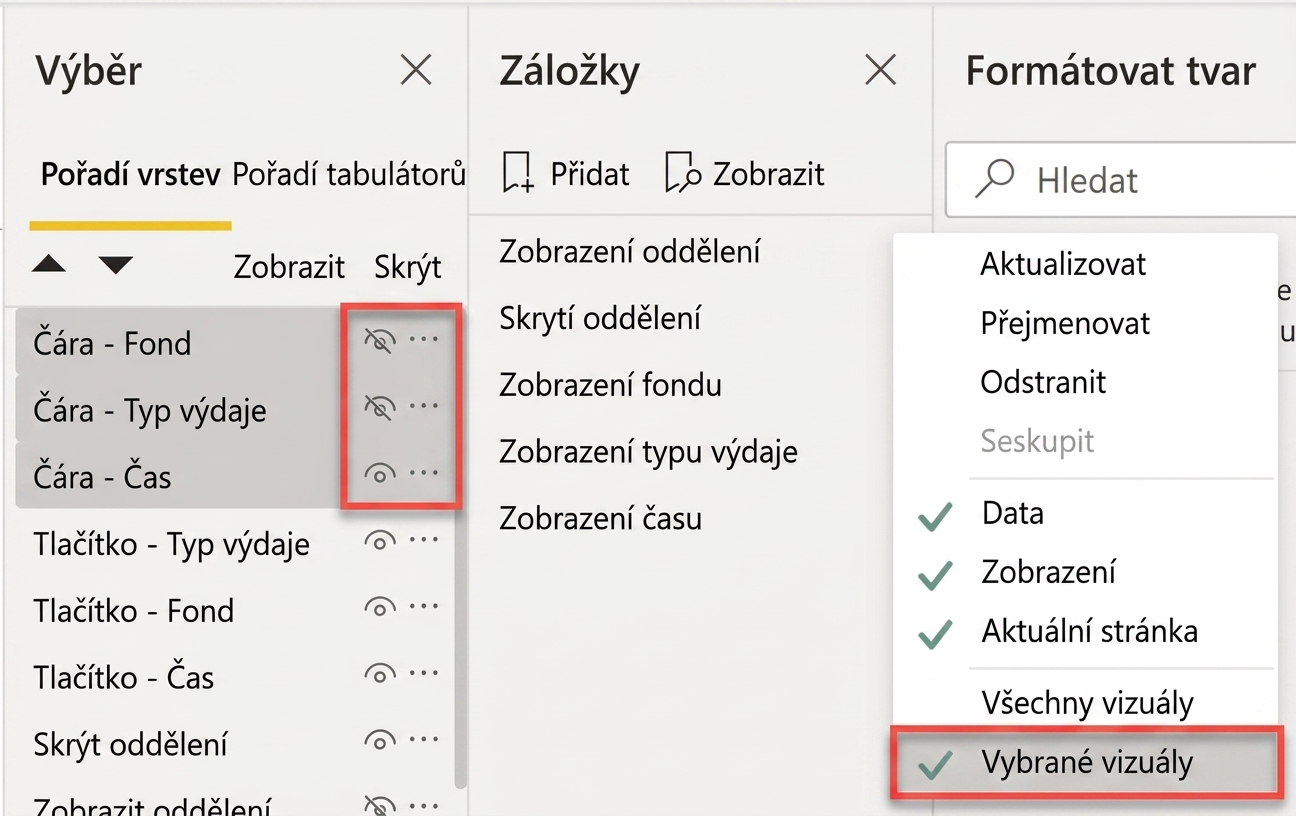 Výběr vizuálů pro ovládání záložkou