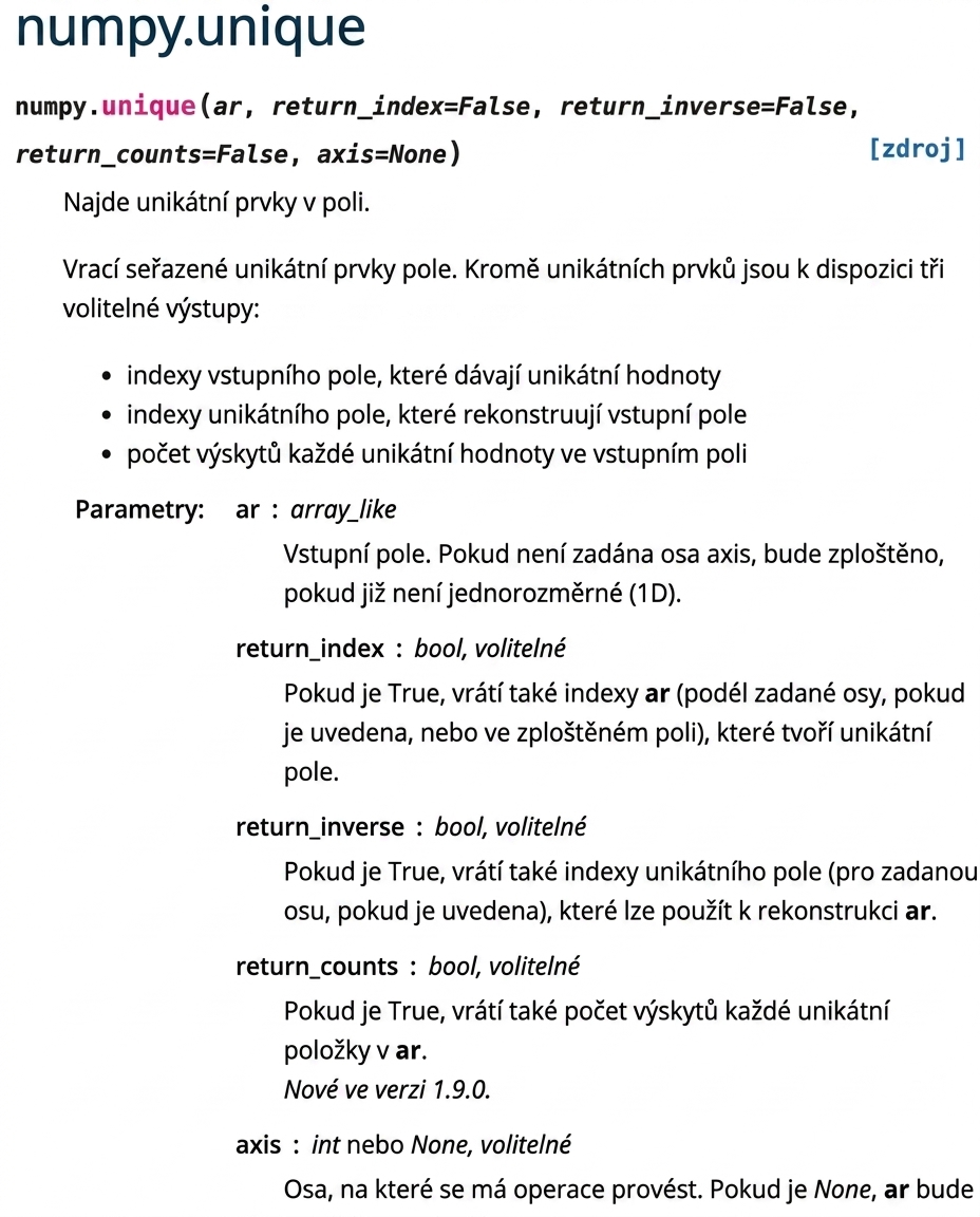 Snímek obrazovky dokumentace numpy.org pro np.unique()