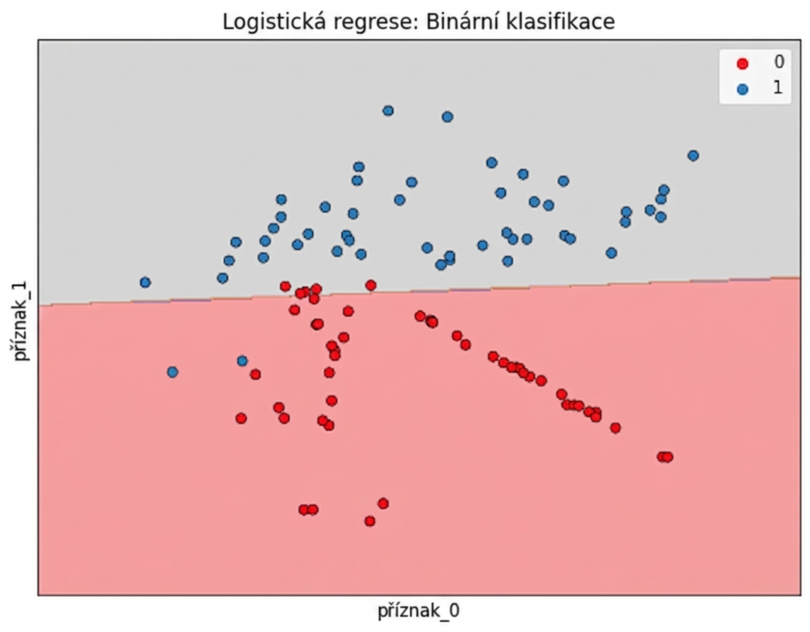 bodový graf feature1 vs feature2 s přímou rozhodovací hranicí pro predikci odchodu zákazníků vedoucí zleva doprava