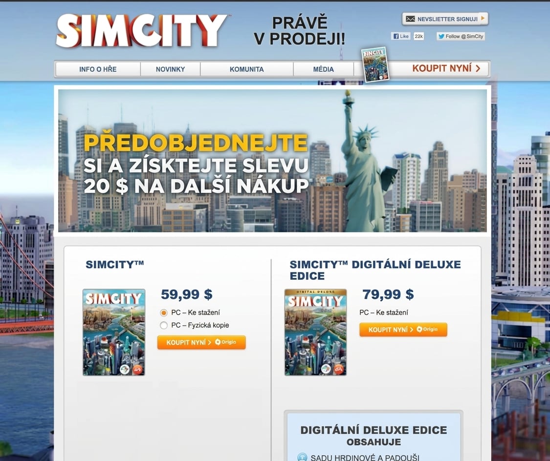 Webová stránka SimCity s bannerem „předobjednejte si a získejte slevu 20 $ na další nákup“
