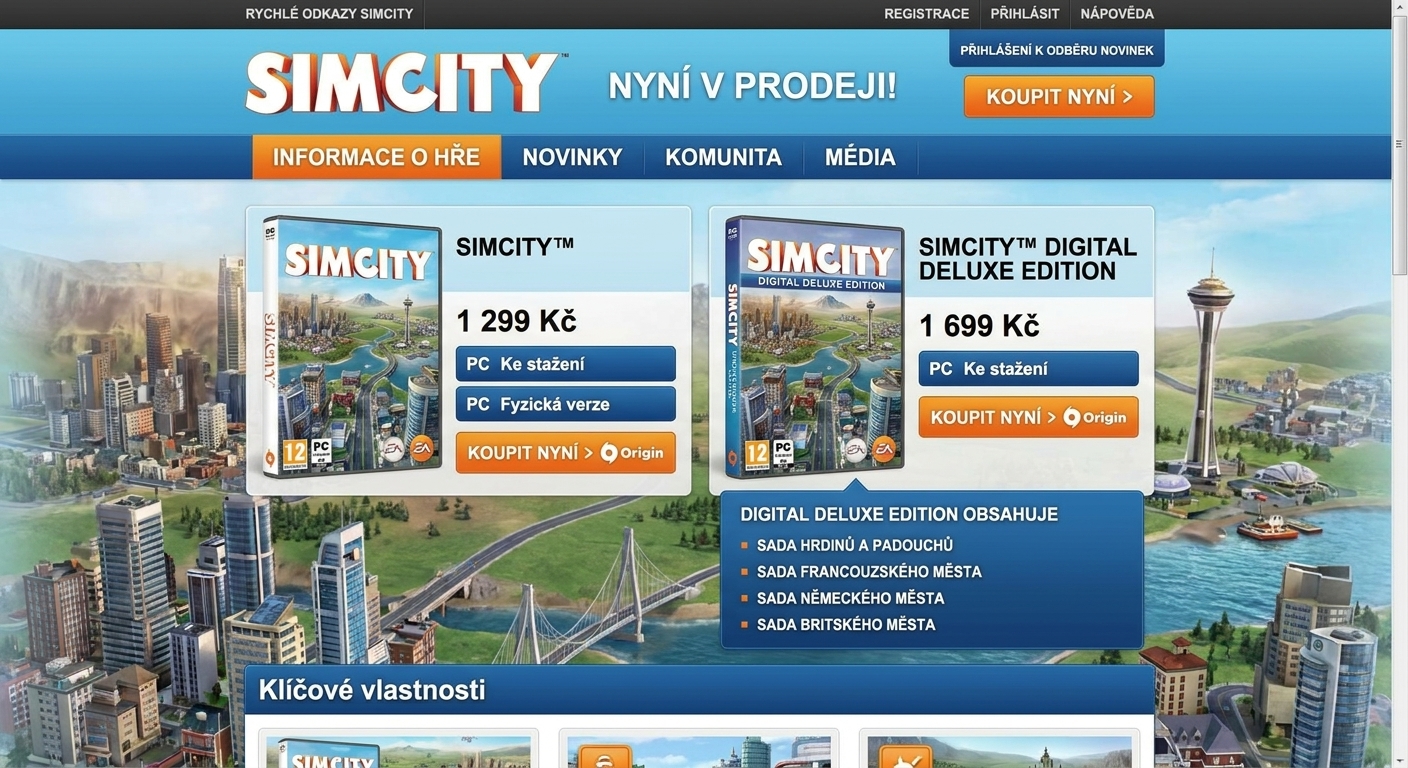 Webová stránka SimCity bez banneru
