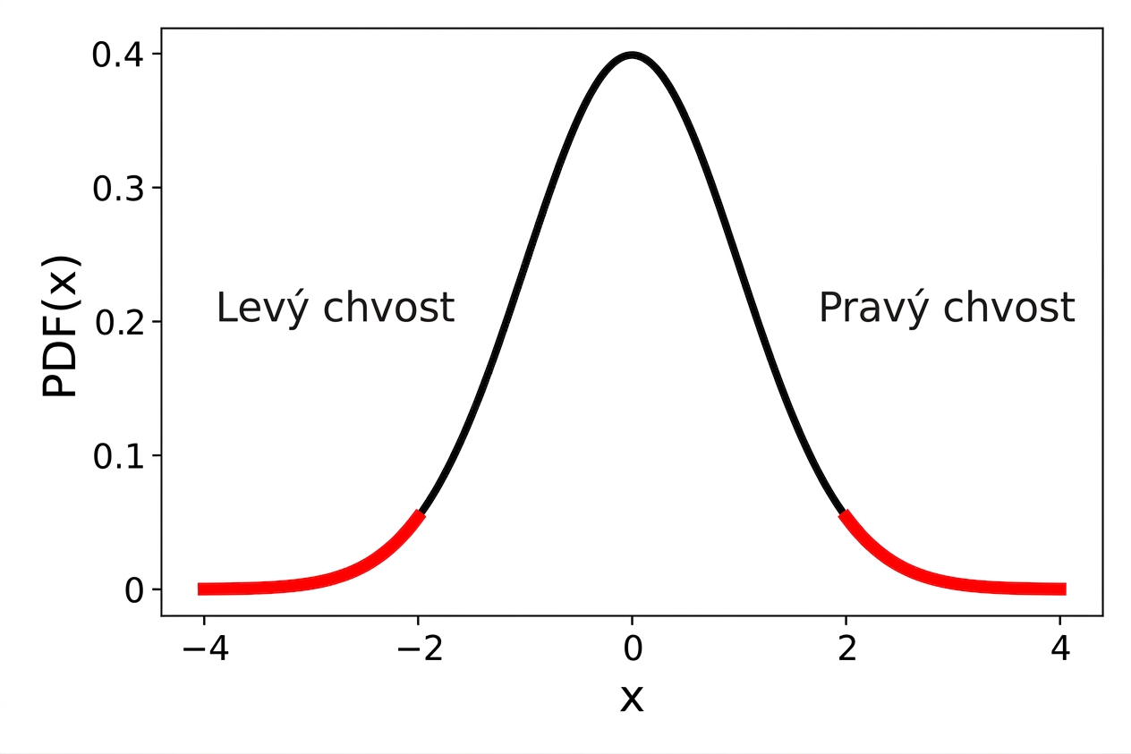 Graf hustoty pdf standardního normálního rozdělení s levým a pravým chvostem zvýrazněnými červeně.