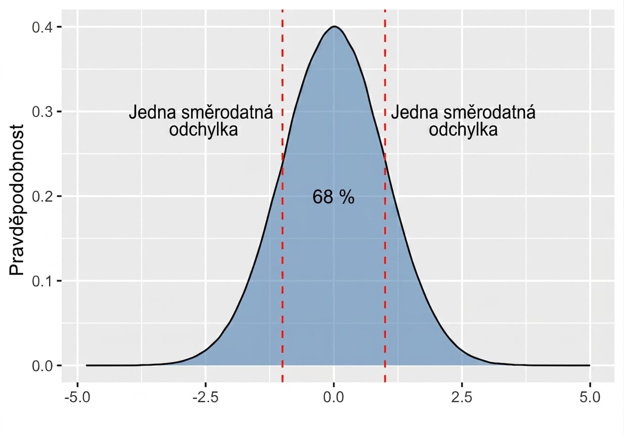 Normální rozdělení s oblastí mezi plus mínus jednou směrodatnou odchylkou označenou jako 68 procent.png