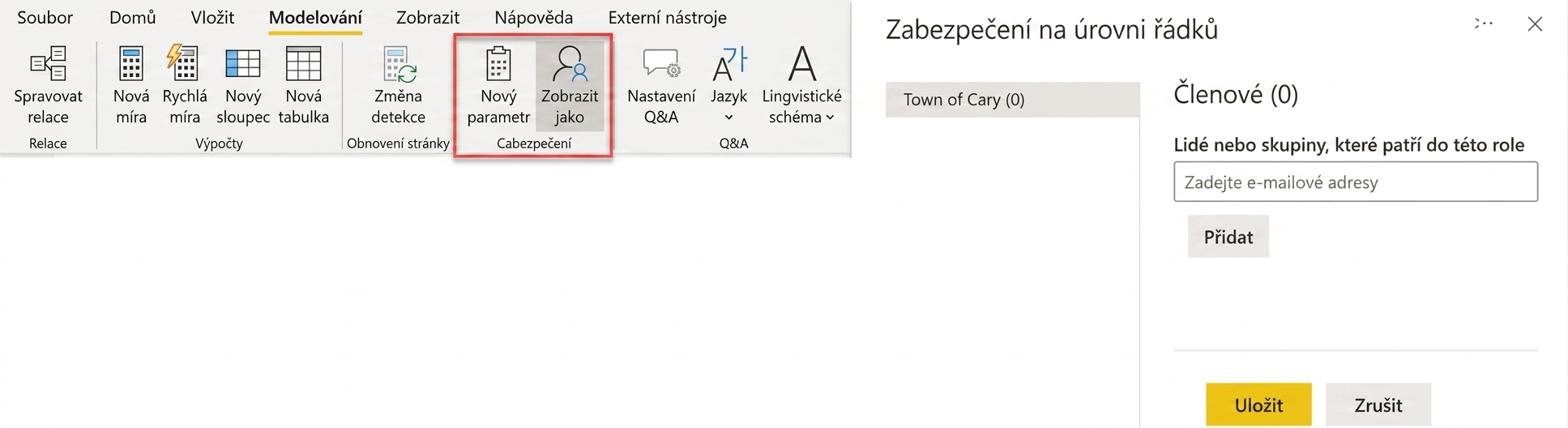 Power BI Desktop umožňuje definovat role zabezpečení na úrovni řádků a Power BI Service přiřazovat uživatele a skupiny k rolím.