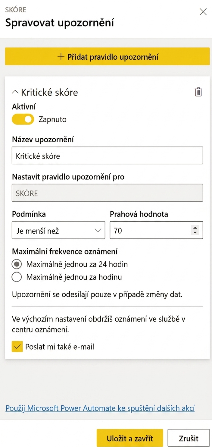 Vytváření datového upozornění na dlaždici dashboardu